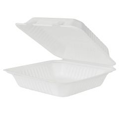 BAGASSE HINGED CONTAINER 1-COMPARTMENT 9x9 WHITE PFAS