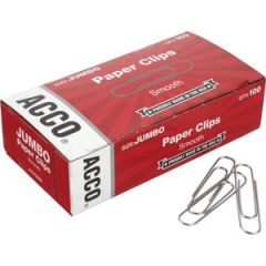 PAPER CLIPS JUMBO SMOOTH SILVER 100 CLIPS/BX 10BX/PK