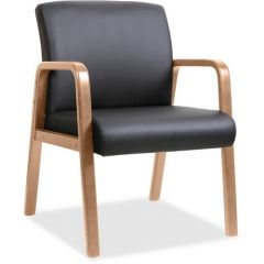 UPHOLSTERED GUEST CHAIR BLACK LEATHER CUSHION WALNUT FRAME